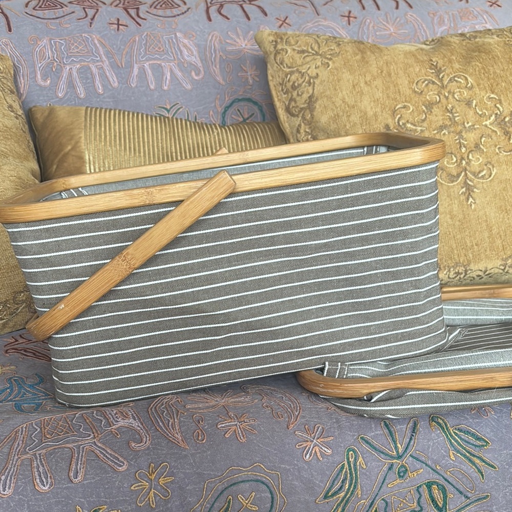 Set of 2 Striped Collapsible storage basket/ organizer - fabric and wood
